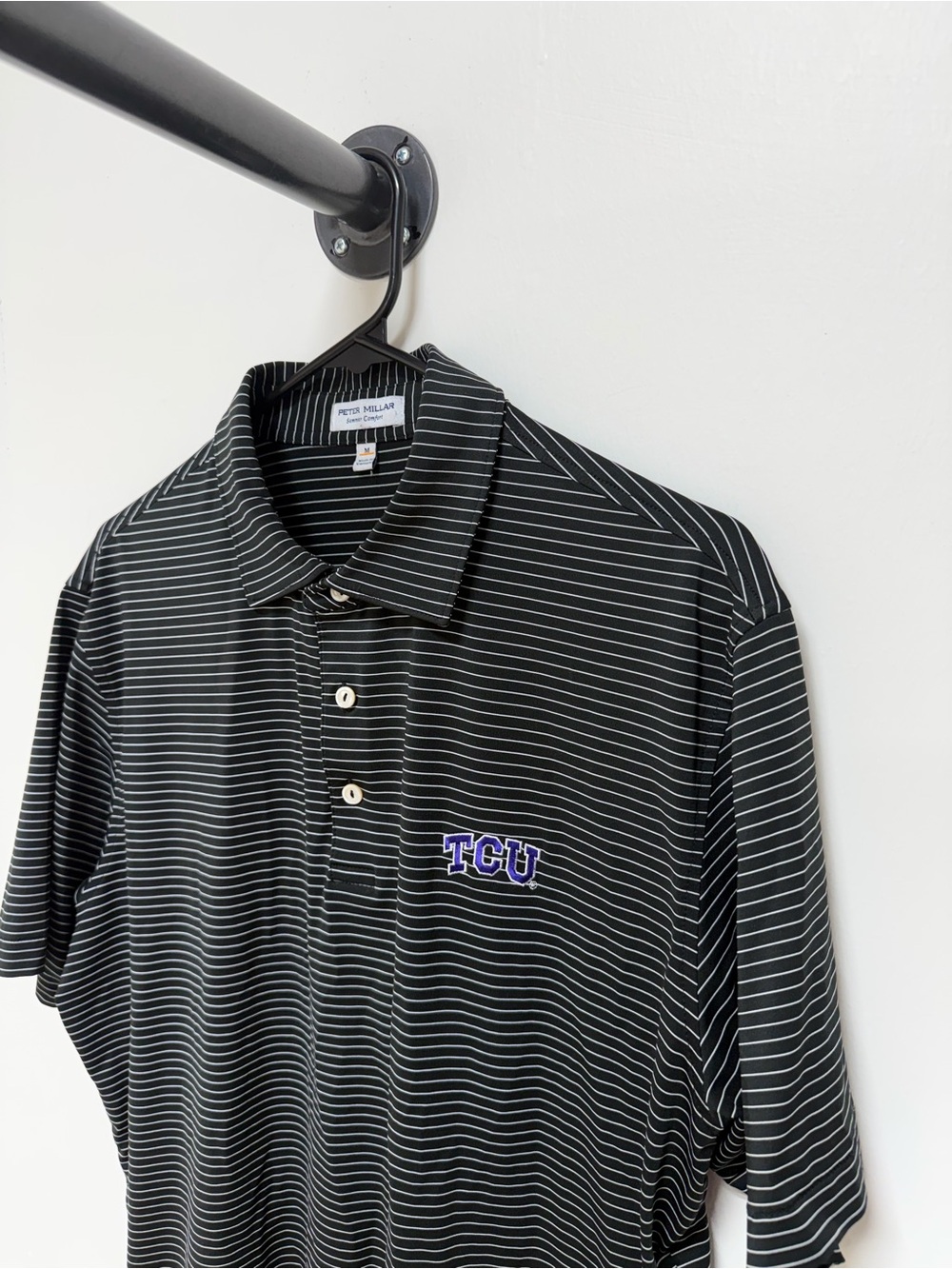 Peter Millar Black and White Striped TCU Embroidered Polo